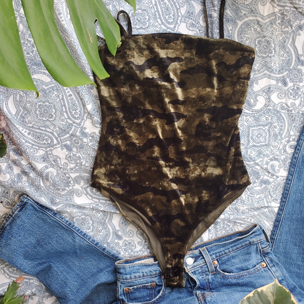 Forever 21 Camo Velvet Bodysuit Small